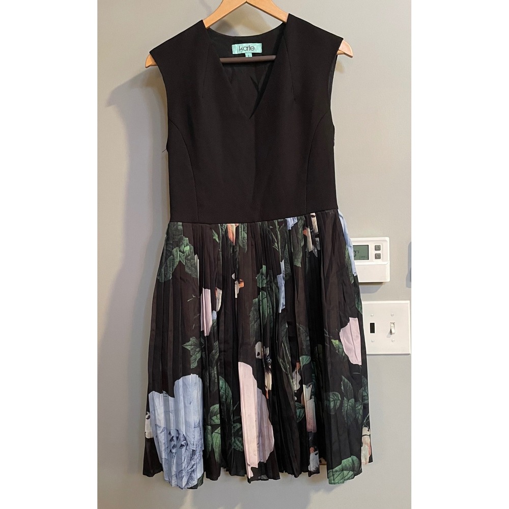 Karlie Pleated Floral Dress Womens Large Black V-Neck Sleeveless CD6068